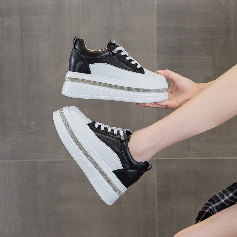 Women's White Platform Muffin Height Increasing Insole Pearl Diamond Elastic Lace Women's Casual Shoes