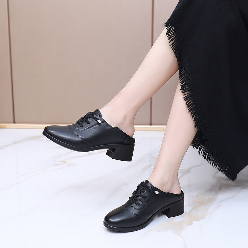 Women's British Style First Layer Cowhide Chunky Slip-on Women's Casual Shoes
