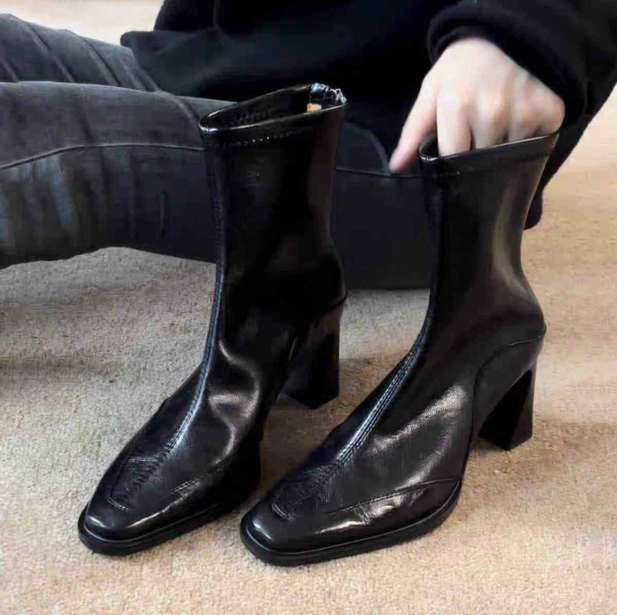 Women's Short For Square Toe Martin Black Chunky Women's Leather Boots