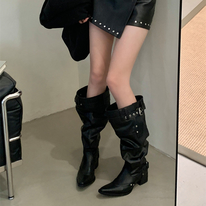 Women's The Knee Pointed Toe Chunky Black Pile Women's Leather Boots