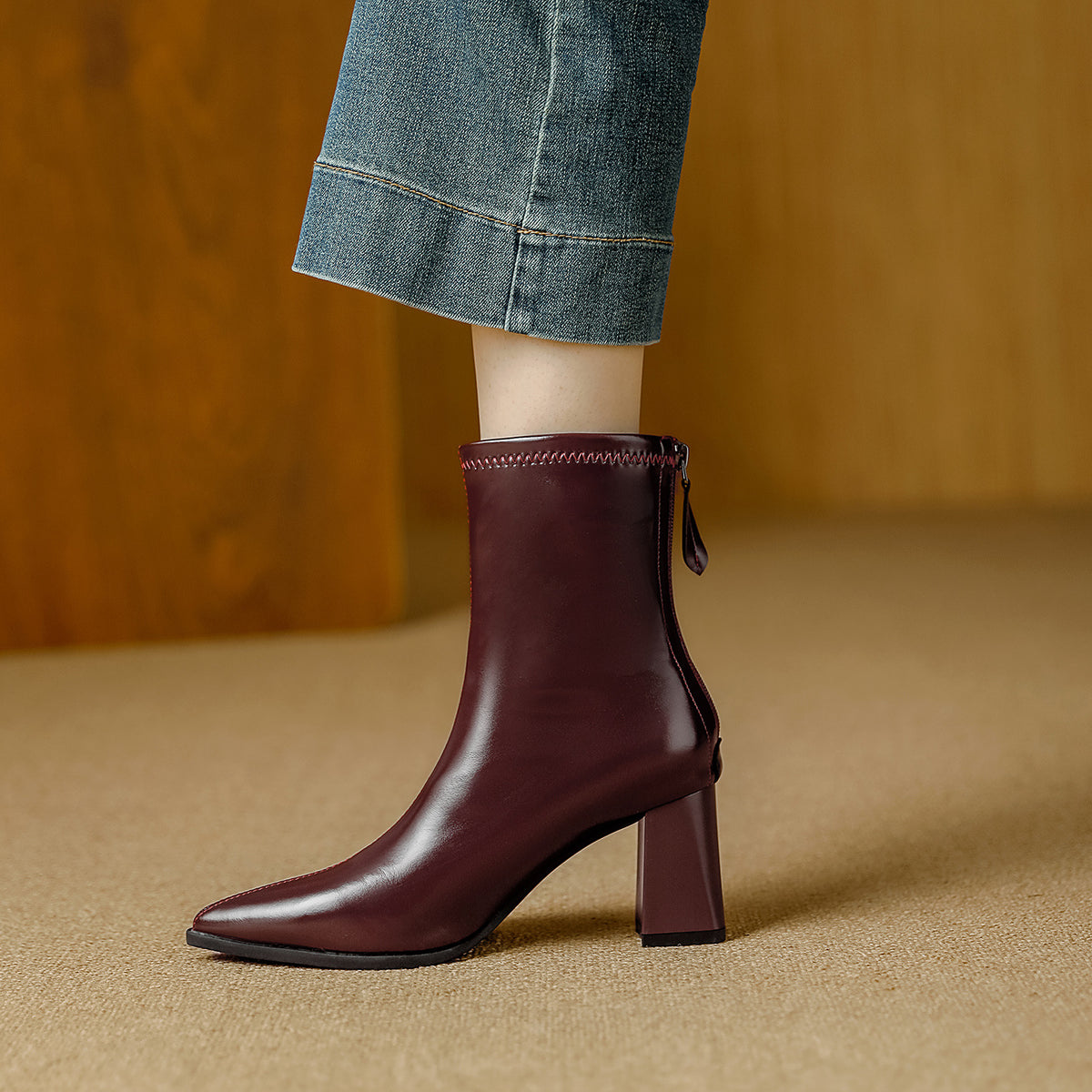 Women's Pointed Toe Chunky Booties Style Versatile Simple Back Zipper With Women's Leather Boots