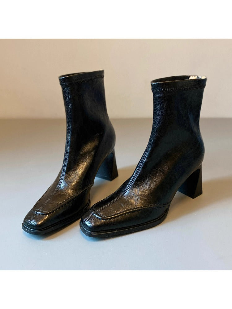 Women's French Style Square Toe Chunky Short Simple Temperament Slim Women's Leather Boots