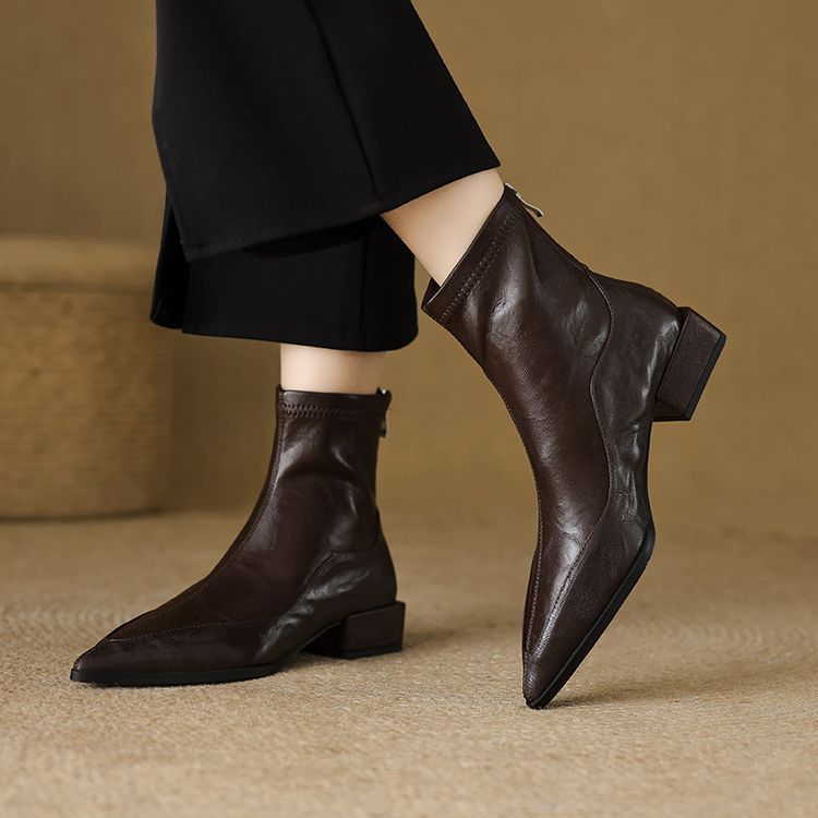 Women's French Pointed Toe Stretch Thin Low Thick Short Retro Brown Heels