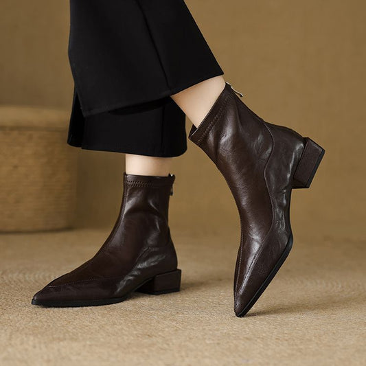 Women's French Pointed Toe Stretch Thin Low Thick Short Retro Brown Heels