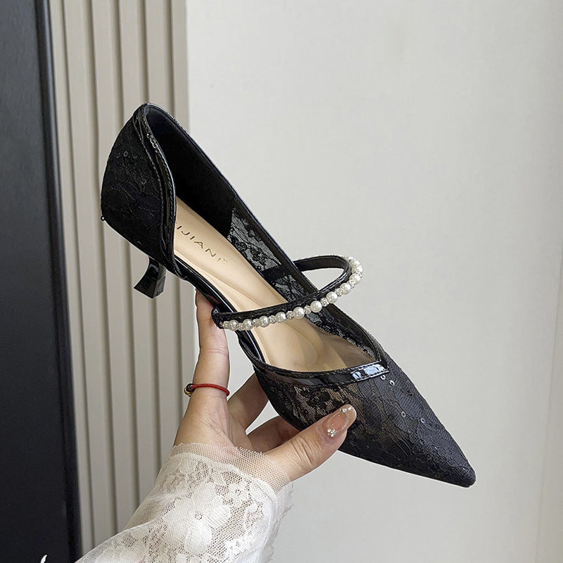 Women's Style Mesh Pointed High Stiletto Low Pearl Women's Fashion Shoes