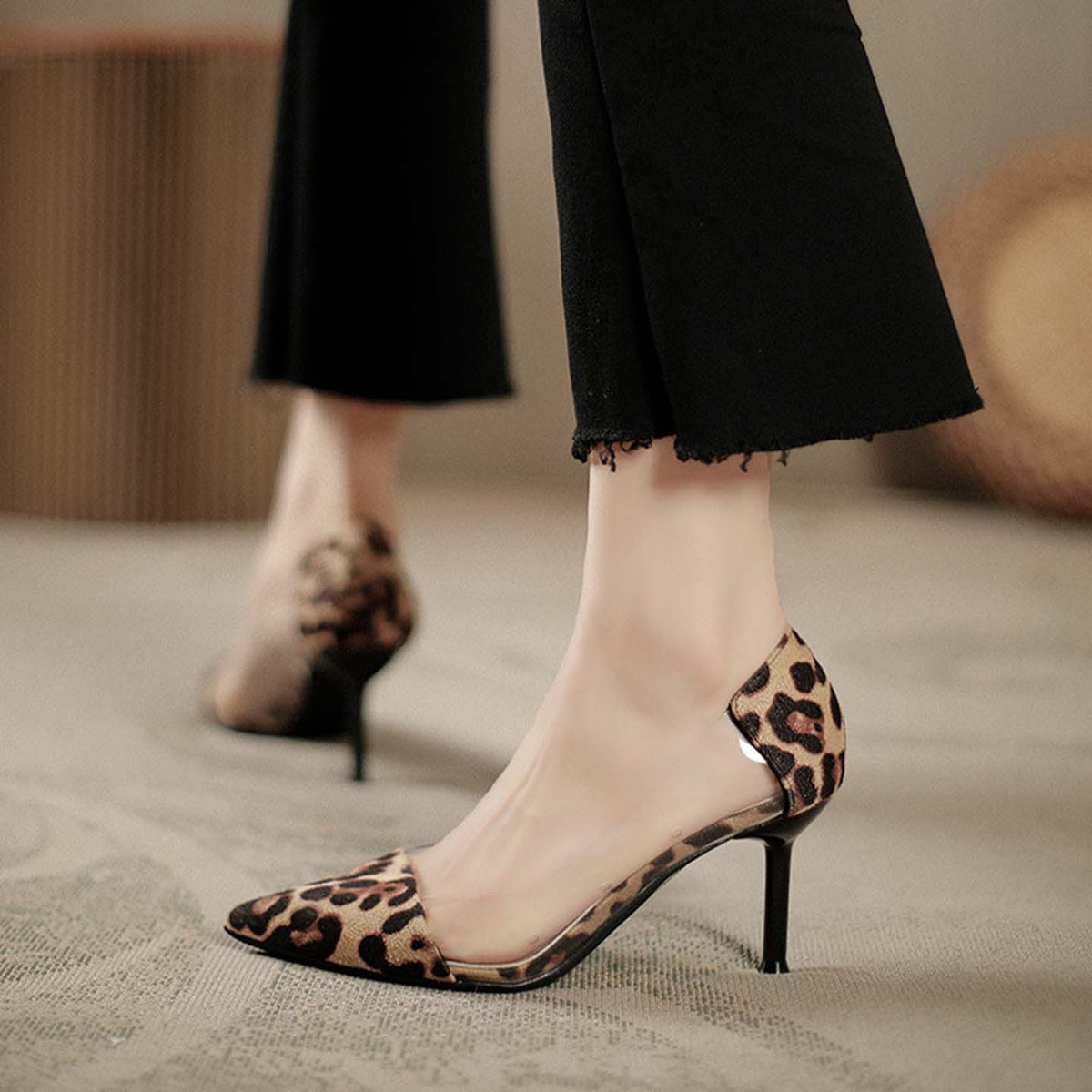 Women's Leopard Pointed High Slip-on Elegant Transparent Stiletto Pumps Large Women's Fashion Shoes