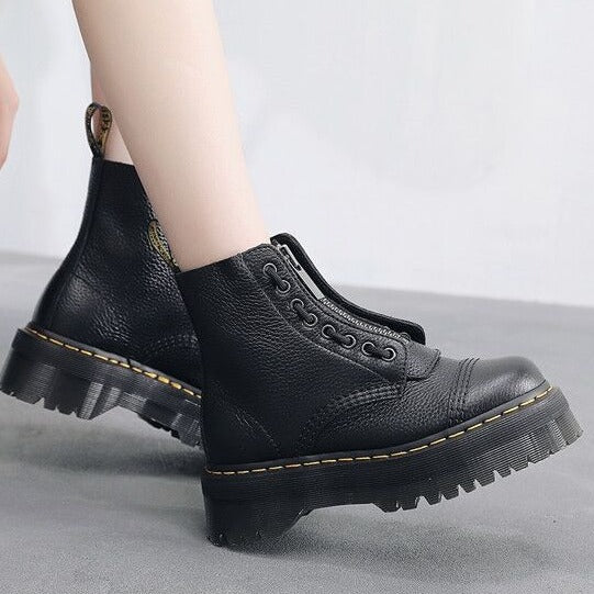 Women's & Men's Front Zip Platform Cowhide Sewing Raise The Boots