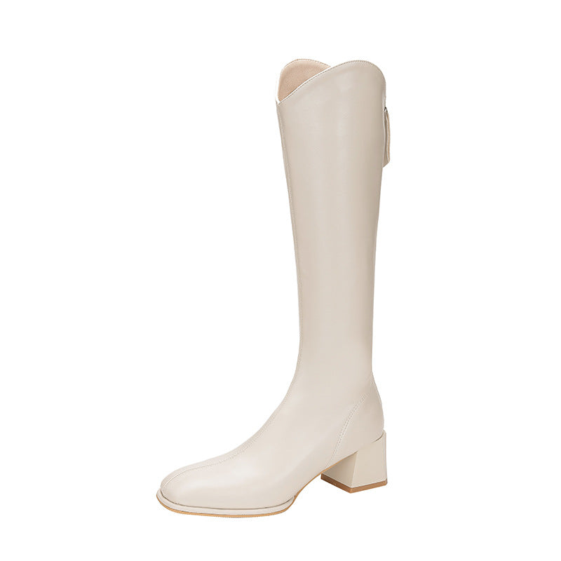 Women's Elastic Square Toe Chunky V Cut Back Zipper Slimming Below Women's Leather Boots