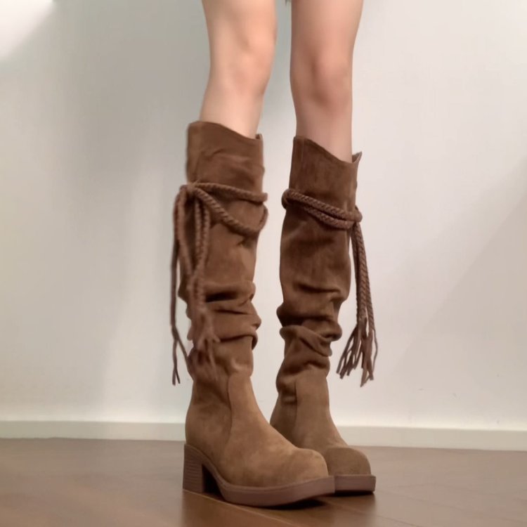 Women's Chunky Below The Knee Slimming Pile Style Heels