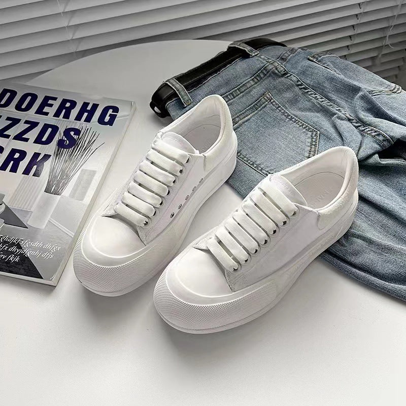 Women's Thick Sole Height Increasing White Breathable Board Muffin Comfortable Canvas Shoes