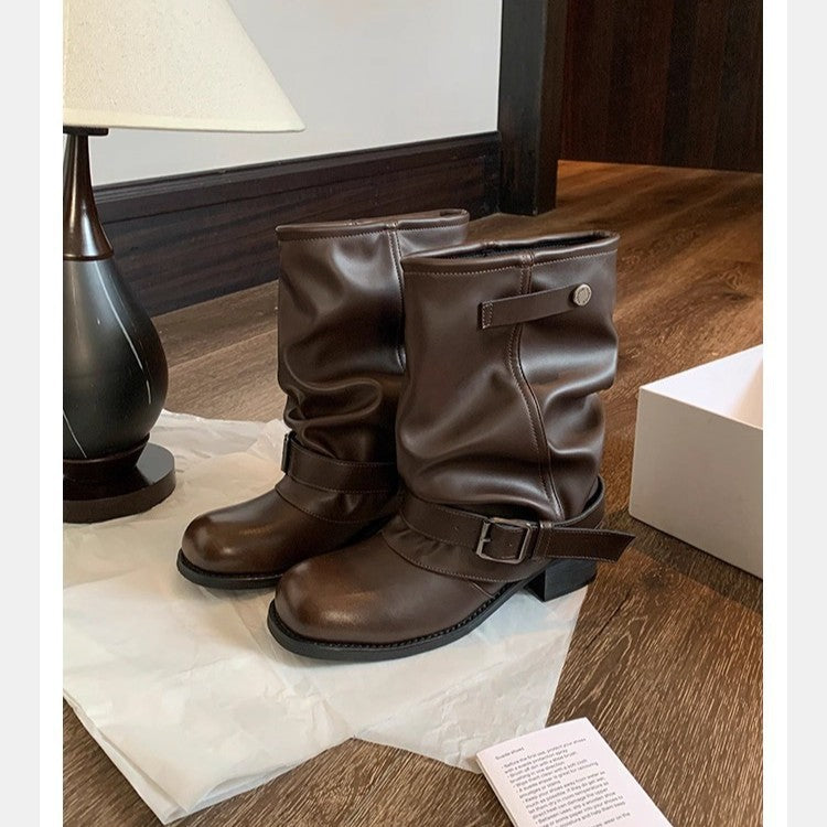 Bottom Increased Wide Big Tube Circumference Pile Style Western Women's Leather Boots