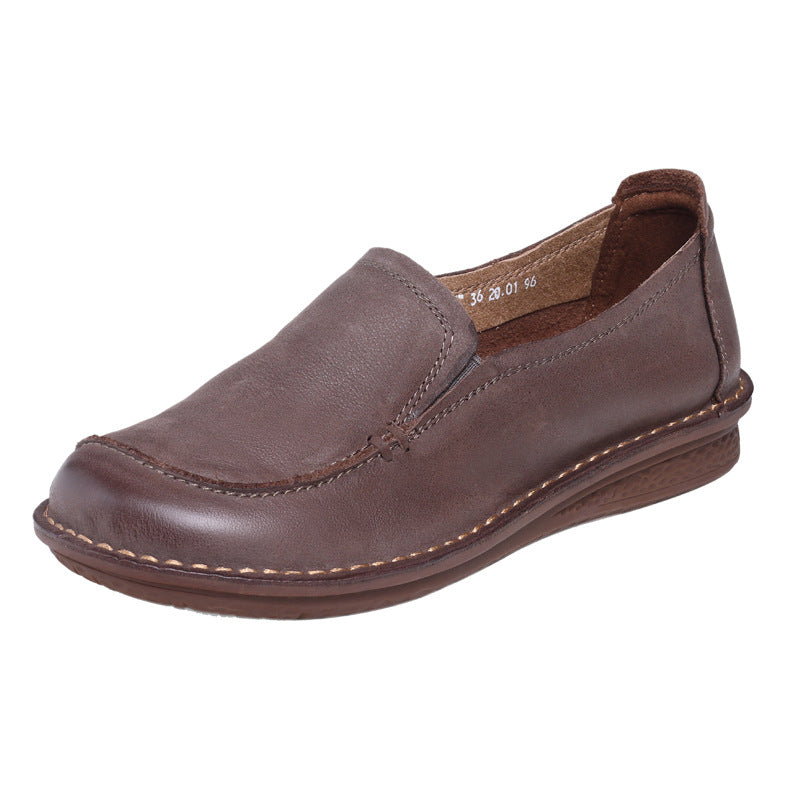 Ethnic Style Vintage Cowhide Round Toe Slip-on Flat Soft Bottom Heels