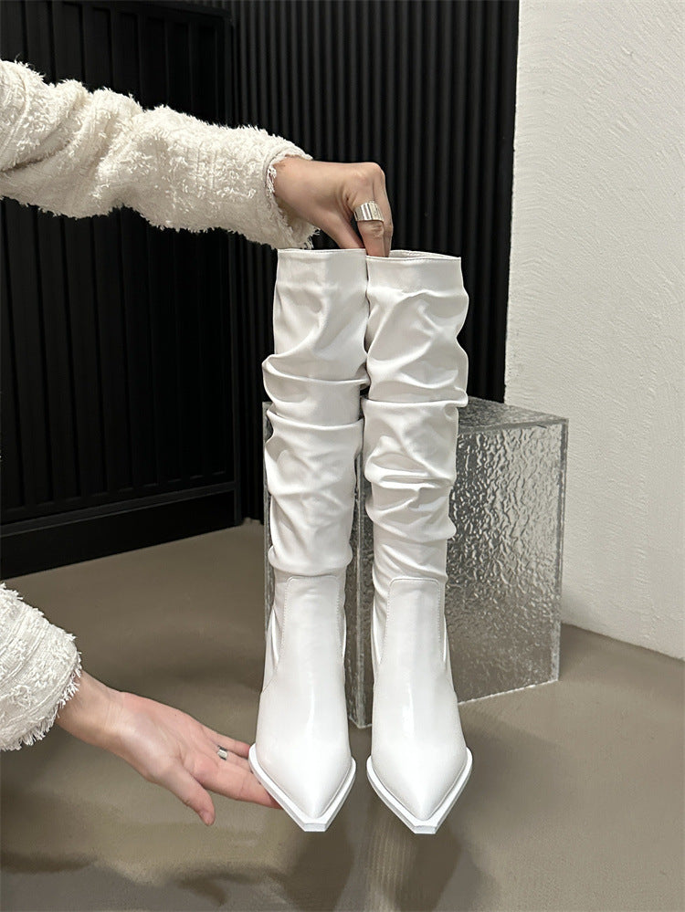 The Knee Long Female Pointed High Small-sized Stiletto Pile Style Boots
