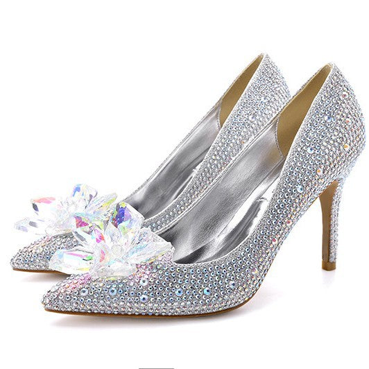 Women's Crystal Pointed Toe Stiletto Sexy Shallow Mouth High Sier Women's Fashion Shoes
