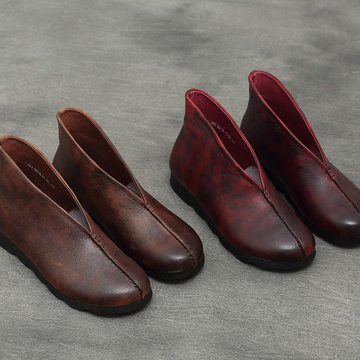Women's Spring Retro Flat Cowhide Ankle Soft Heels