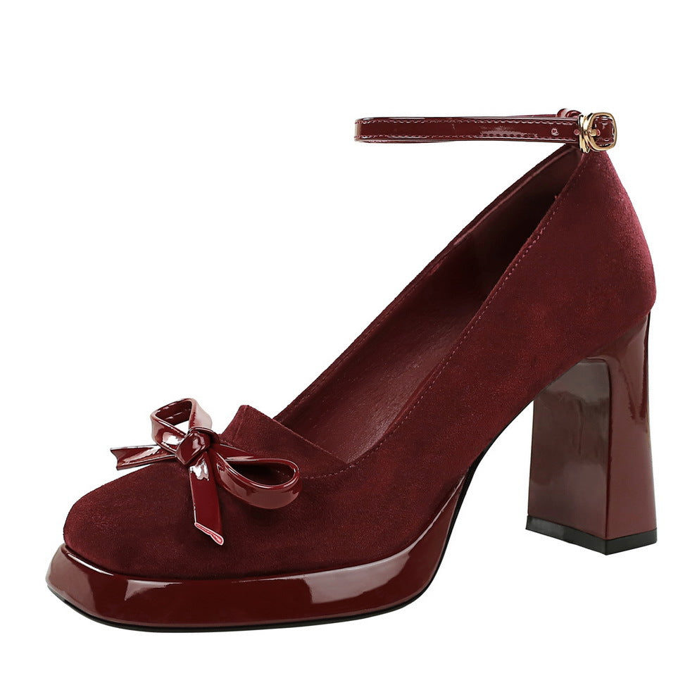 Women's Style Elegant Buckle Bow Square Toe Suede Chunky Waterproof Platform Heels