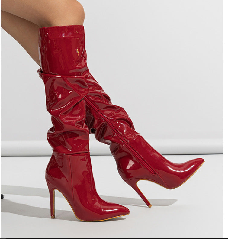 Women's Side Zip Patent Glossy Pleated Women's Leather Boots