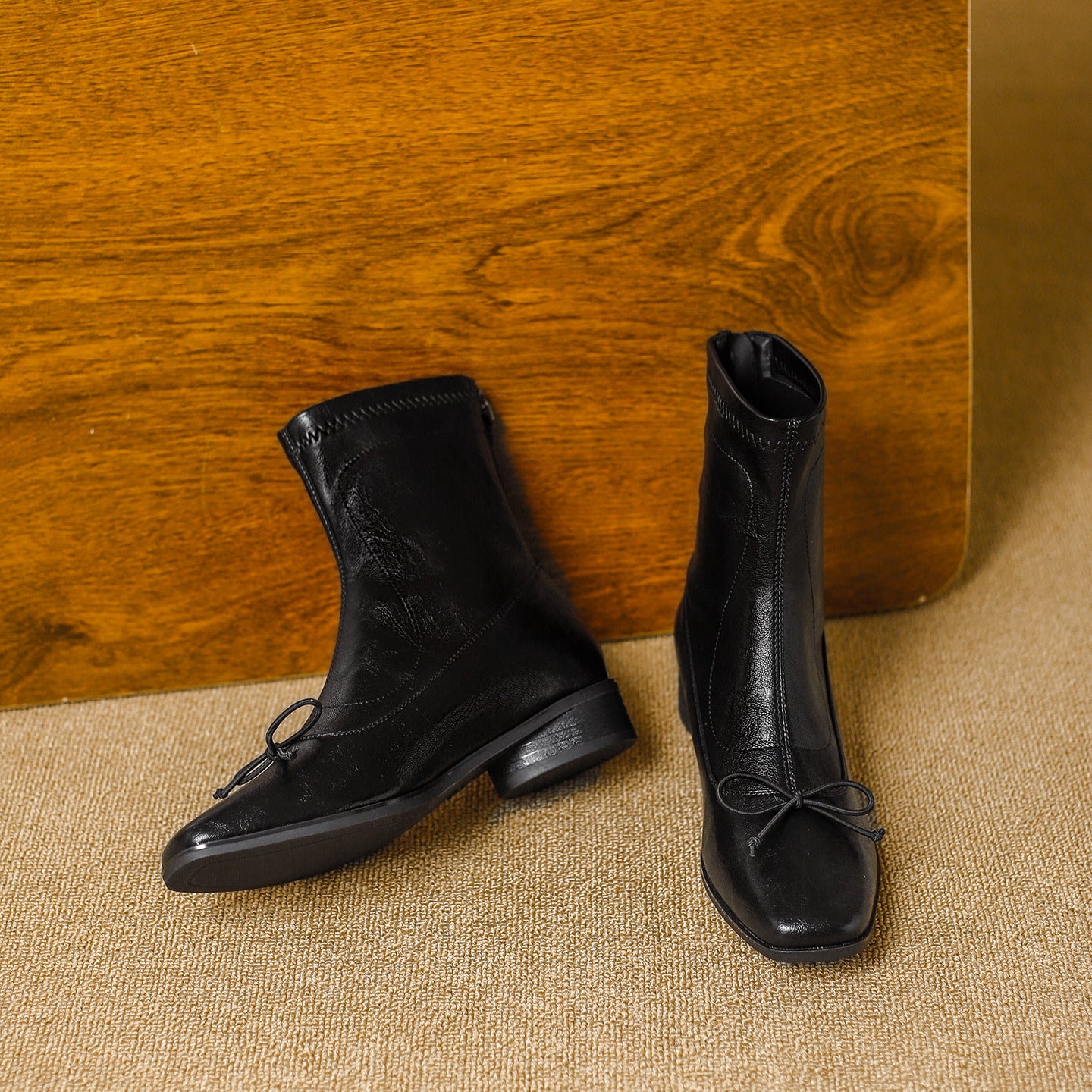 Women's Niche Design Back Zipper Square Toe Low Stretch Boots