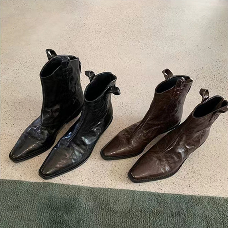 Women's Pointed Toe V-shaped Mouth Slimming Thick Wrinkle Western Short Martin Women's Leather Boots