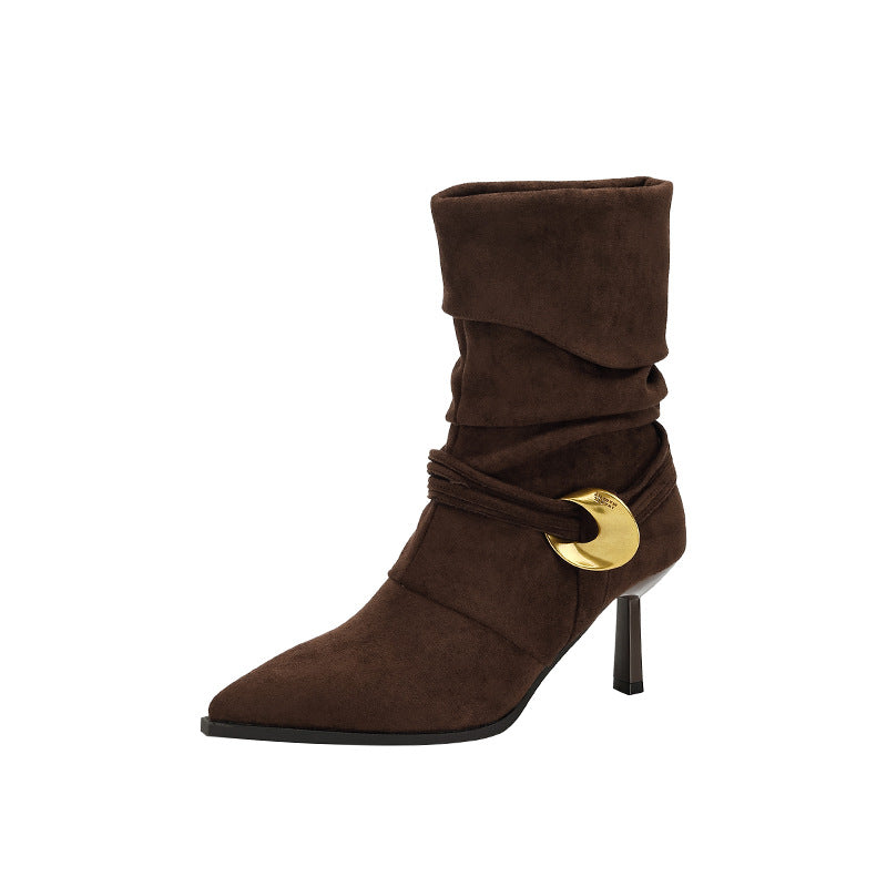 Women's Coffee Brown Pointed Toe Metal Buckle Ankle Elegance Retro Suede Boots