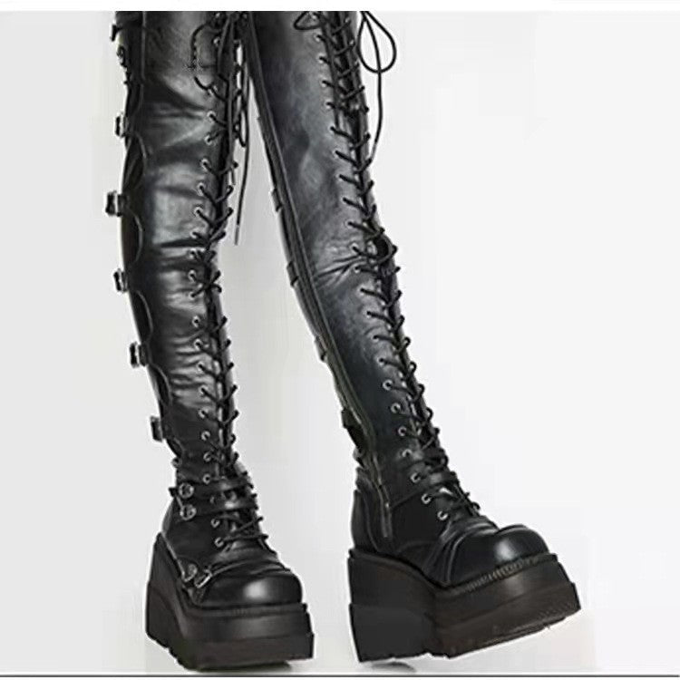 Women's Metal Buckle With Platform High Female Women's Leather Boots