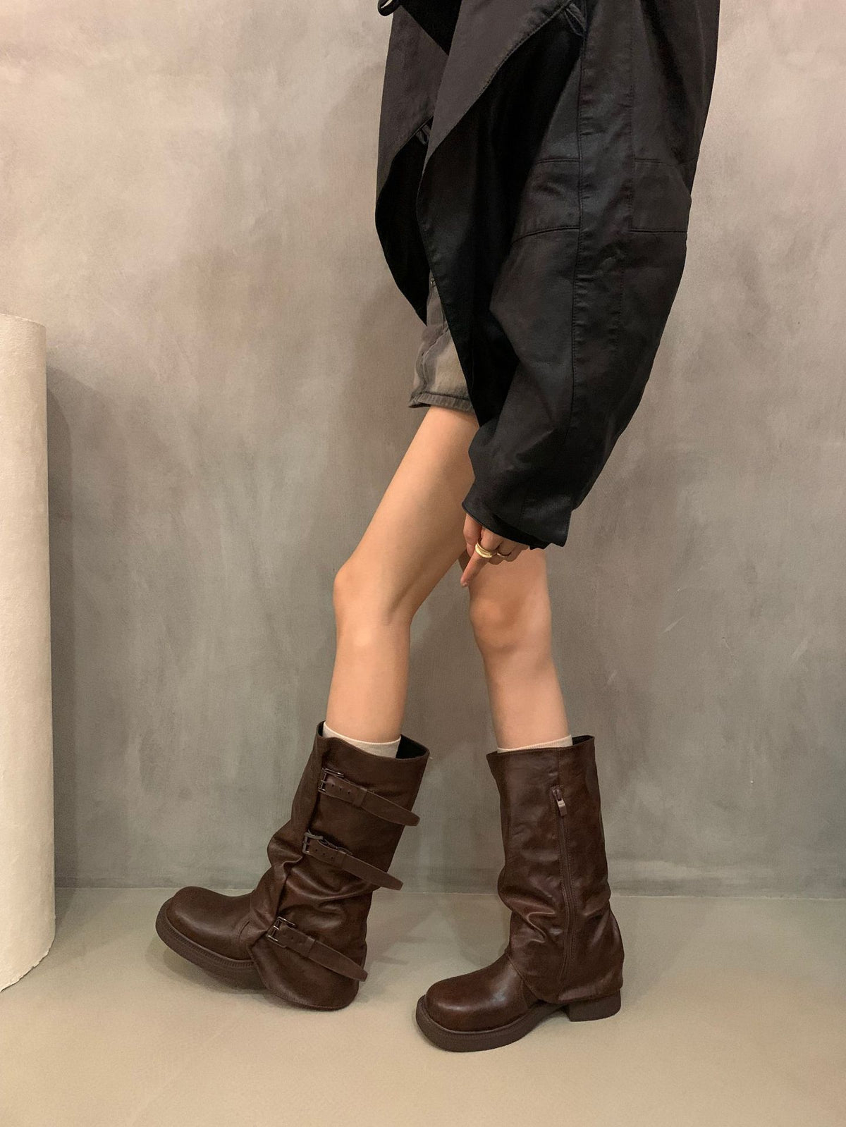 Tube Circumference Brown Female Autumn Grassland Knee-high Retro Pile Style Boots