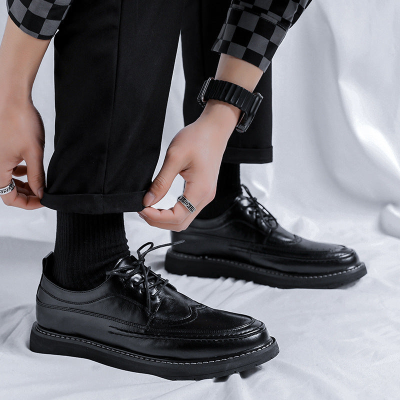 Men's Black Brogue Korean Style Trendy British Leather Shoes