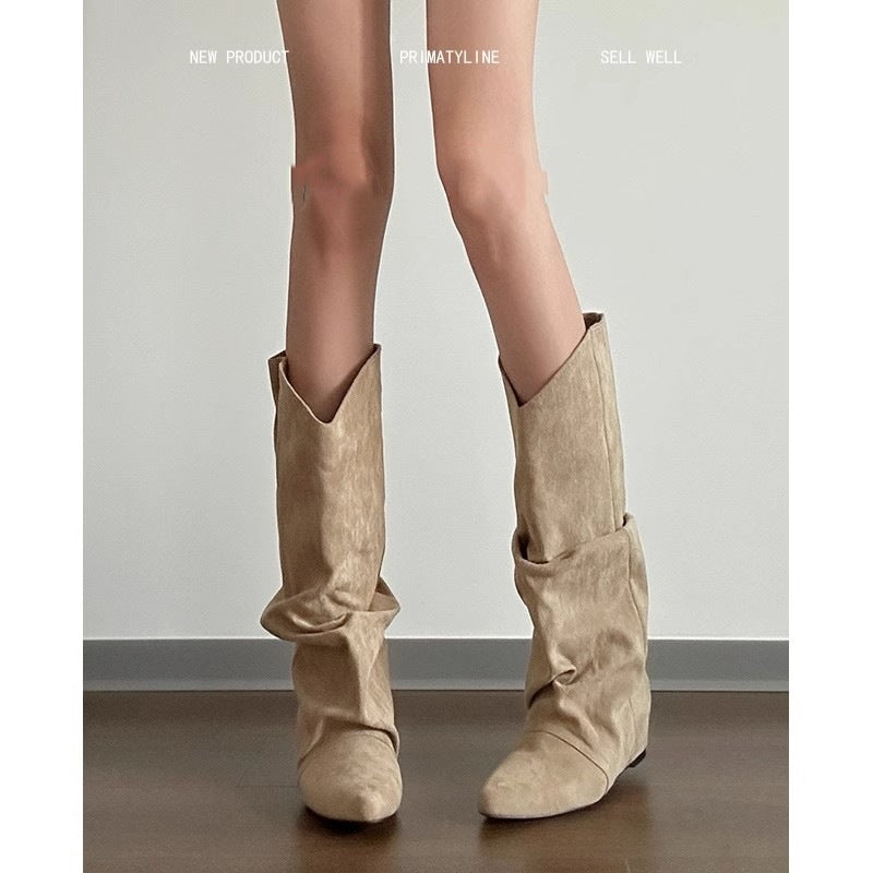 Women's Western Cowboy Waste Soil Style Pile For Height Increasing Insole Women's Leather Boots