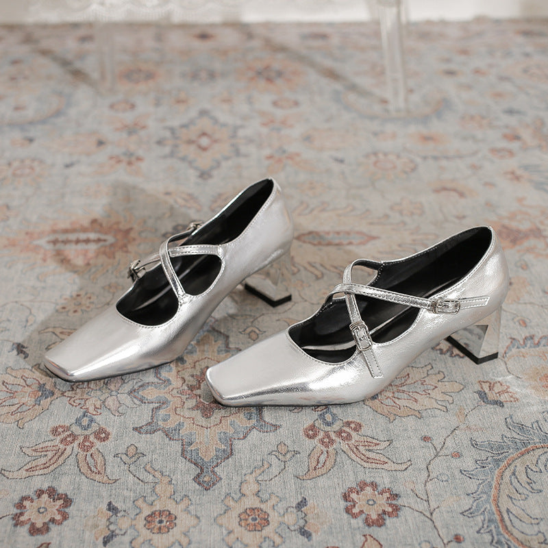 Women's Buckle Strap Spring Mary Jane Square Toe Vintage Sier Chunky Women's Shoes