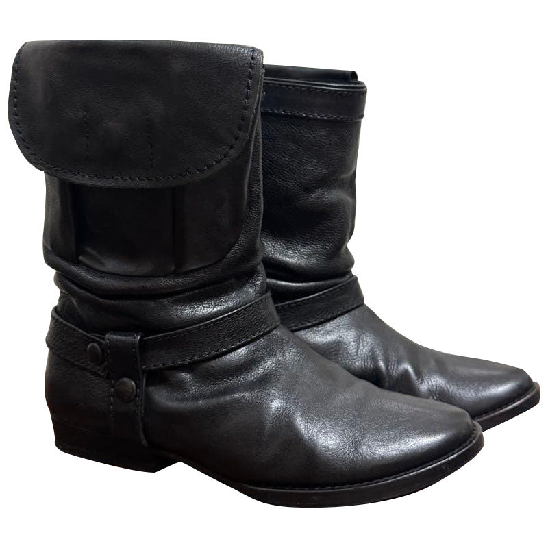 Women's Black Pocket Pile Style Engineering Ankle Knight Women's Leather Boots