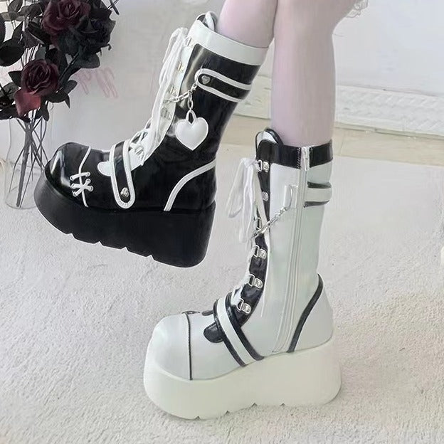 Bottom Punk Motorcycle Platform Middle Tube Women's Leather Boots