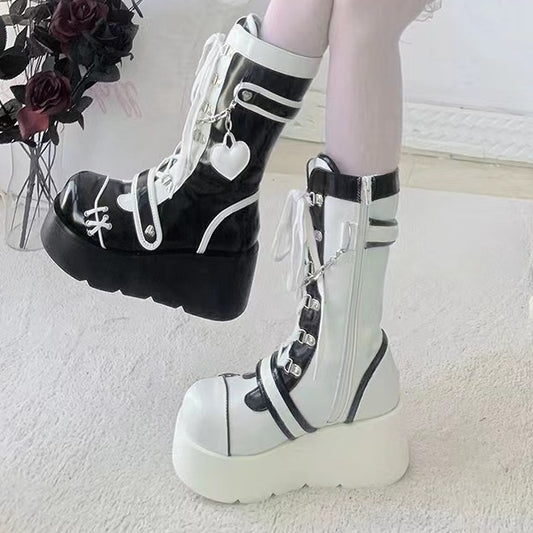 Bottom Punk Motorcycle Platform Middle Tube Women's Leather Boots