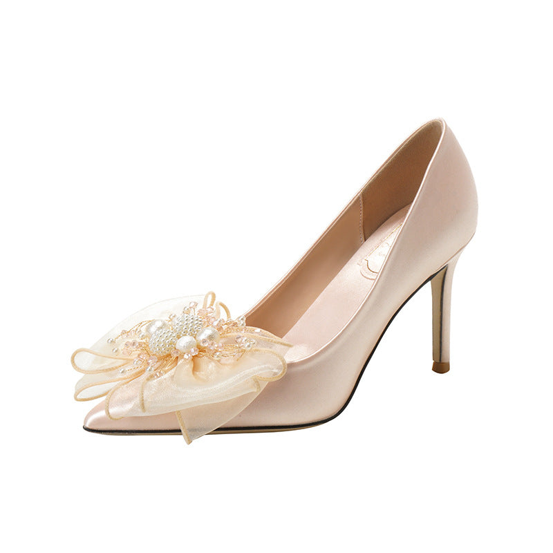 Women's Sweet Bow Bridal White Wedding Dress Champagne Bridesmaid Heels