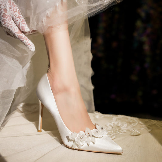 Women's Stiletto Pointed Low-cut White Flower Satin Bridal Women's Fashion Shoes