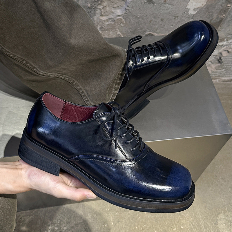 Summer British Style Thick Bottom Height Increasing Square Head Commuter Men's Casual Leather Shoes