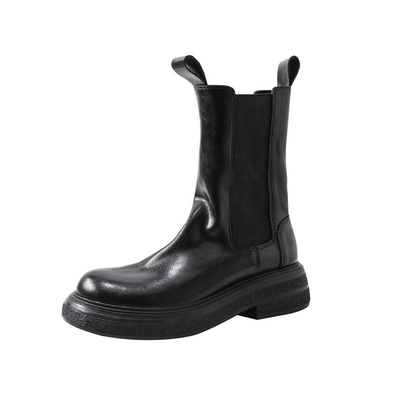 Women's British Style Chelsea Fleece-lined Mid Pleated Smoke Pipe Women's Leather Boots