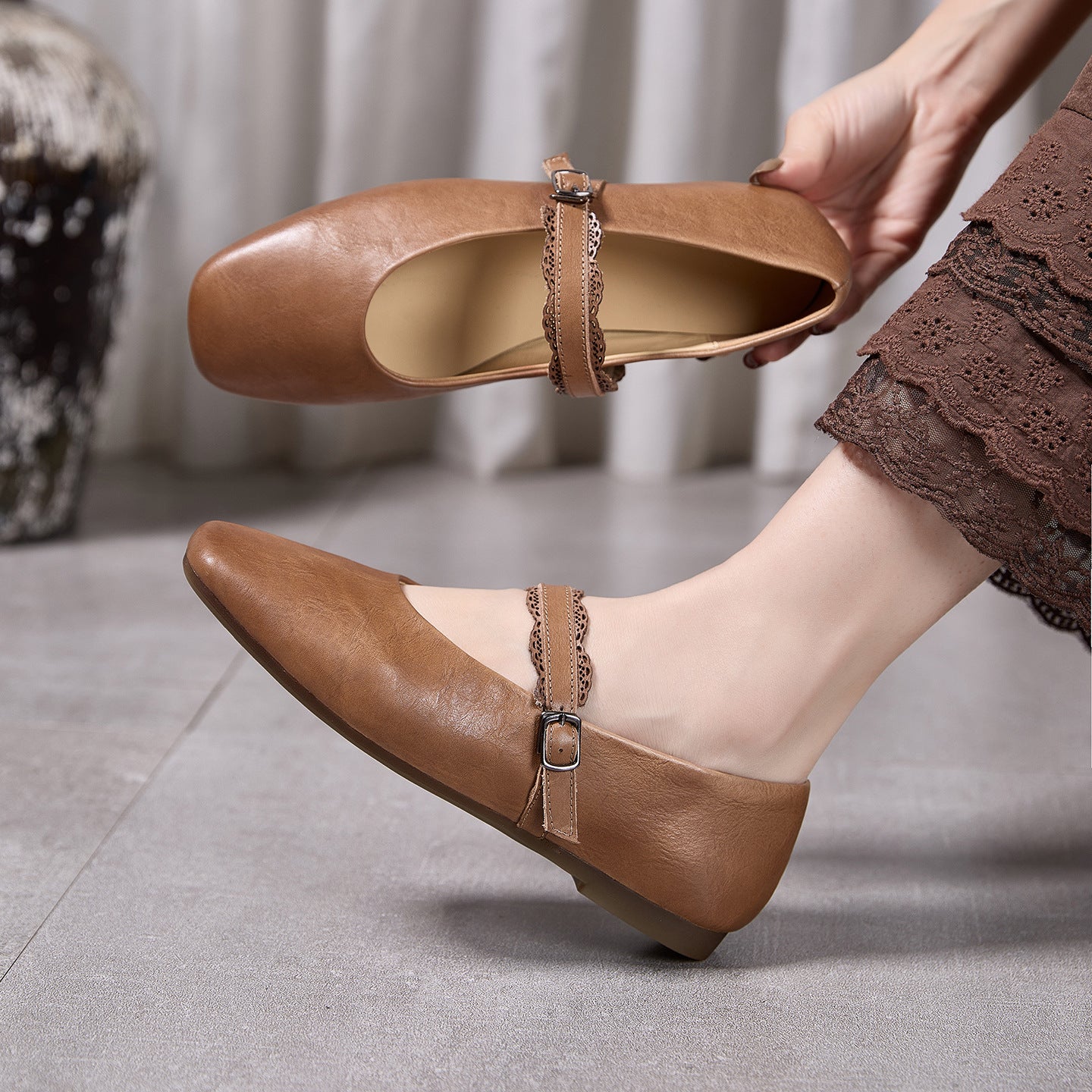 Women's Genuine Mary Jane Square Toe With Soft Bottom Comfortable Women's Casual Shoes