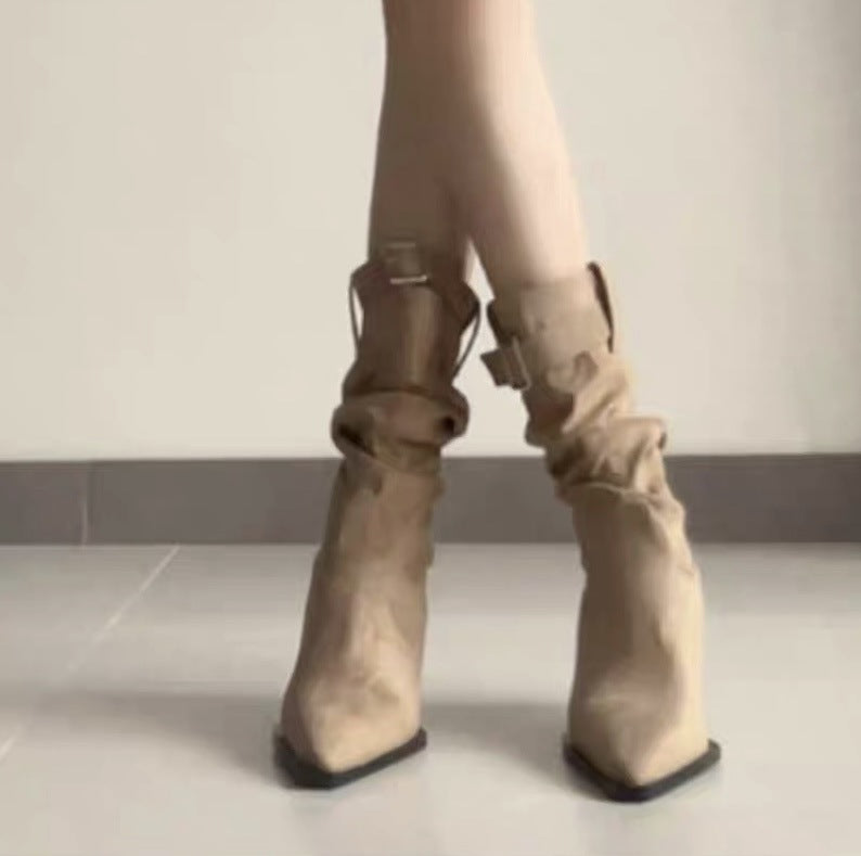 Women's Fleece-lined Pleated Pile Style High French Small Women's Leather Boots