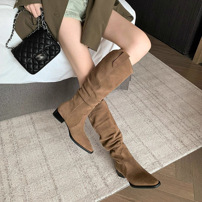 Pile Style Thick High Tube Large Circumference Pleated Long Female Women's Leather Boots