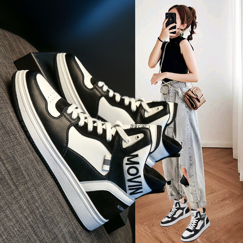 Women's High Top White Genuine Cowhide Flat Versatile Trendy Women's Sports Shoes
