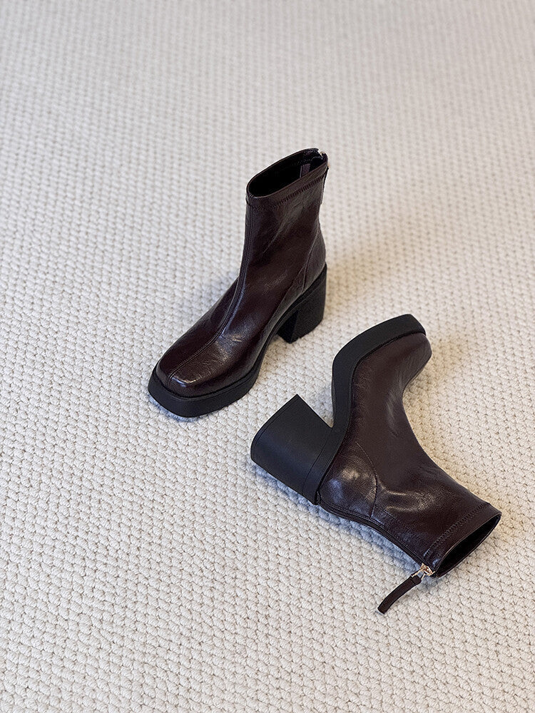 Women's Toe High Thin Chunky French Ankle Women's Leather Boots