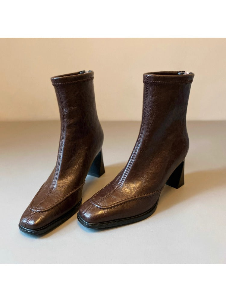 Women's French Style Square Toe Chunky Short Simple Temperament Slim Women's Leather Boots