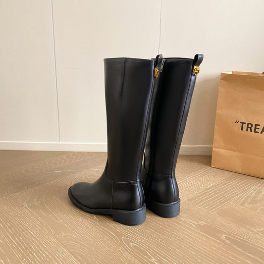 Women's Fleece-lined Pants Straight For Below The Knee Side Zipper Women's Leather Boots