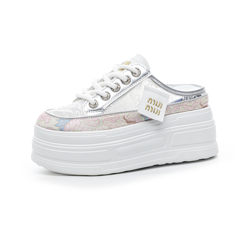 Women's Summer Breathable Half Mesh Surface White Thick Bottom Women's Casual Shoes