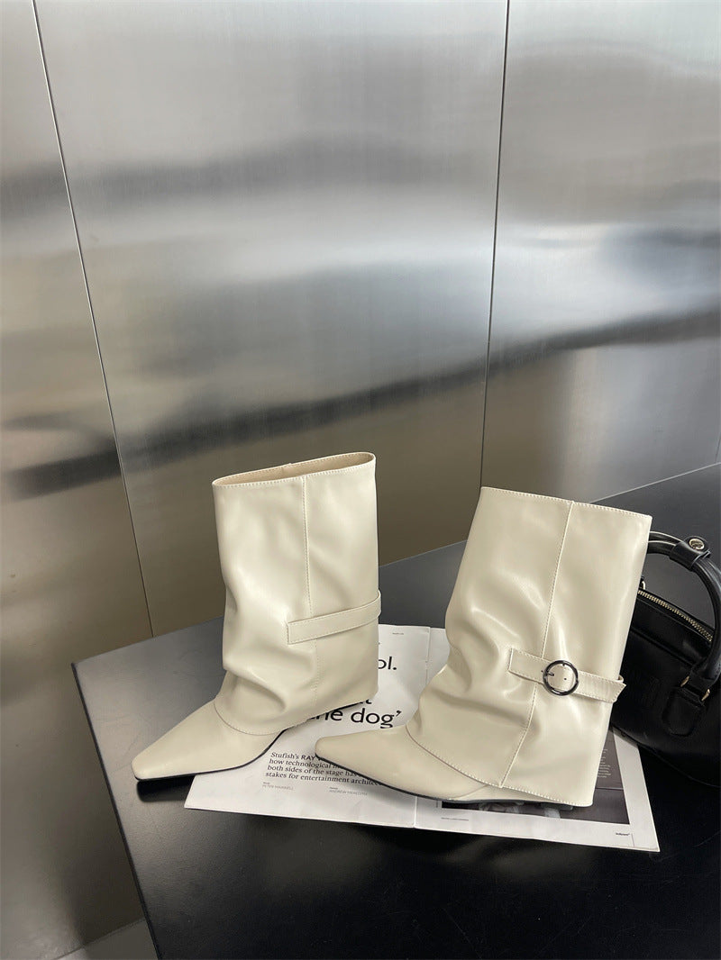 Women's White Elegant Wedge Short Height Increasing Boots