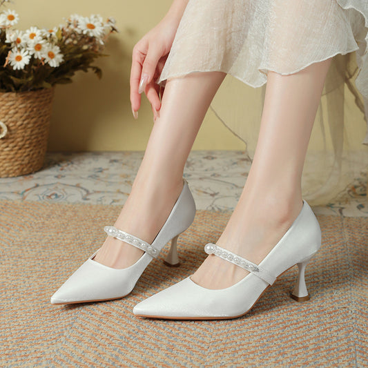 Female Beige String Of Pearls Tight Banquet Dress Bridesmaid Pointed Women's Fashion Shoes