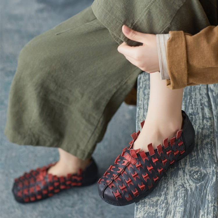 Women's Vintage Cowhide Hand-woven Soft Bottom Slip On Women's Casual Shoes