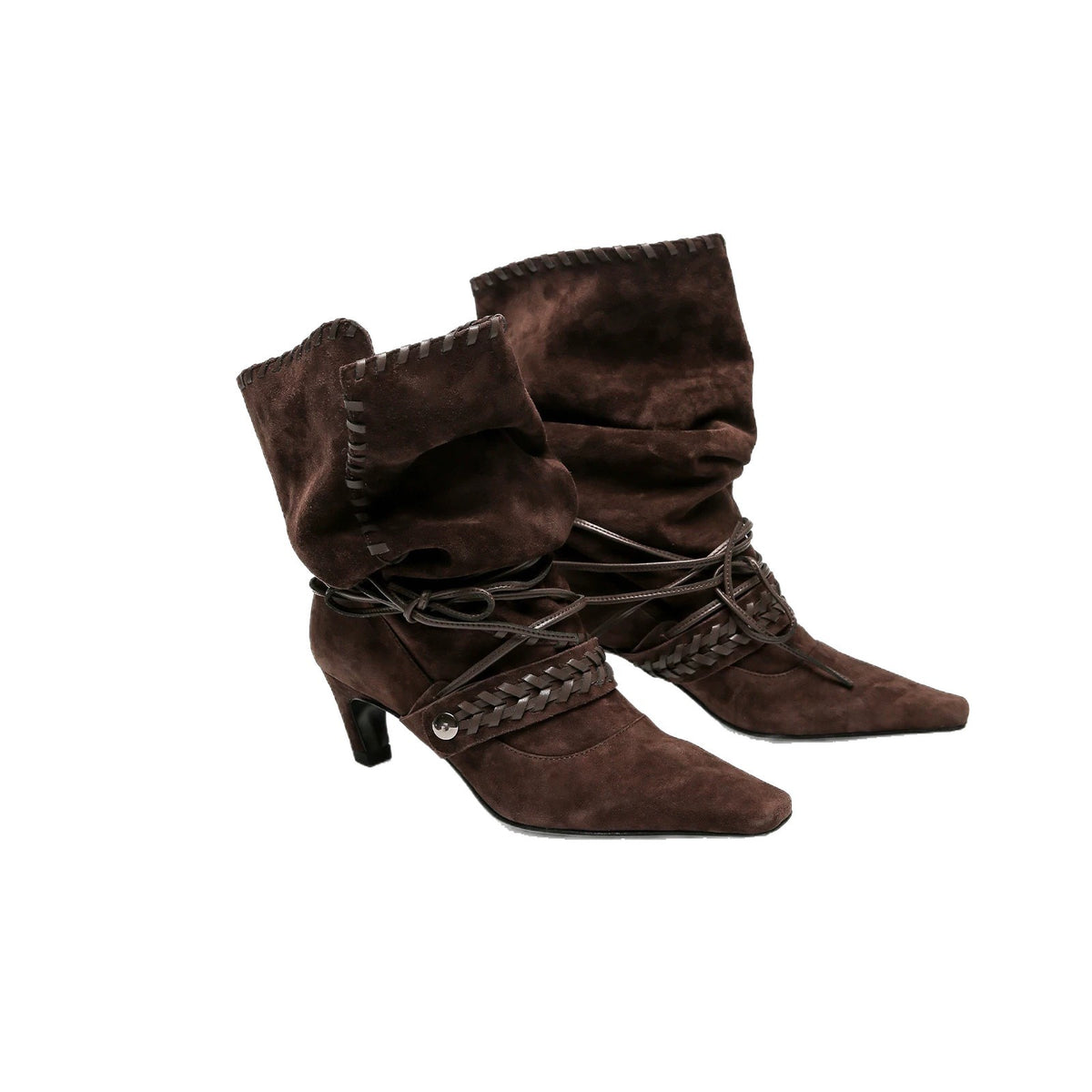 Women's Nomadic Niche Suede Square Toe High Western Cowboy Pleated Skinny Women's Leather Boots