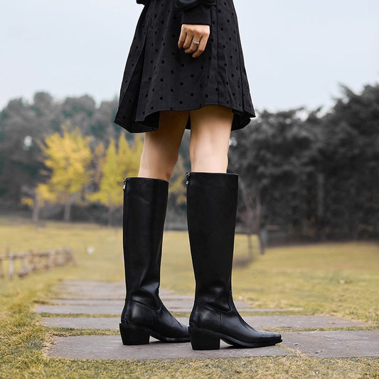 Women's Version Height Increasing Insole Square Head Long Women's Leather Boots