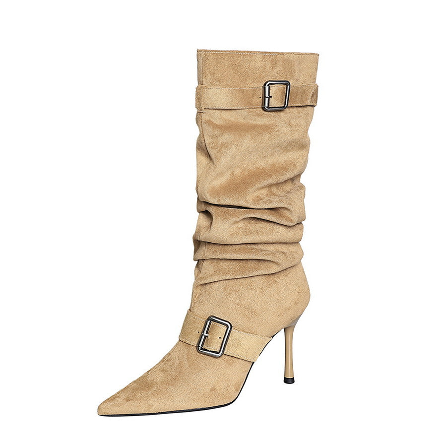 Women's Slimming Belt Buckle Pointed Pleated Pile Style High Heels